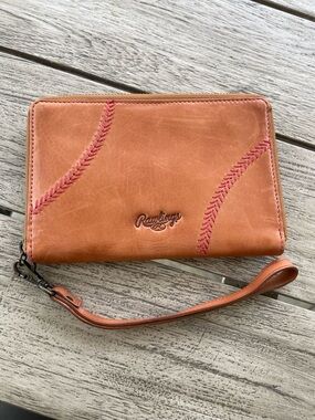 Rawlings Baseball Tan Leather Phone Holder Wallet Wristlet with Red Stitching